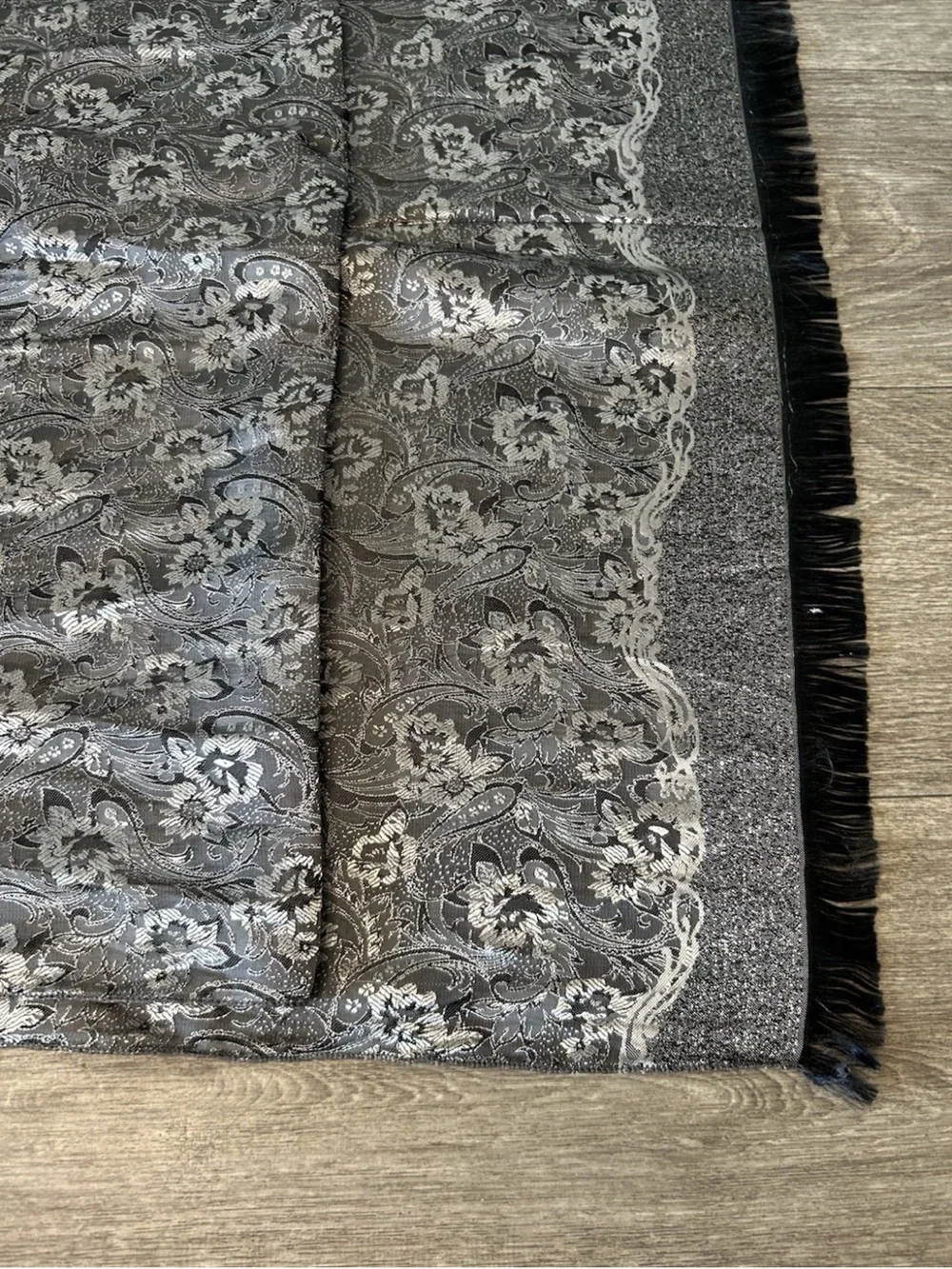 Vintage Thai Silk 100% Silk Shawl Wrap Silver Black Paisley Brocade Fringe 73in